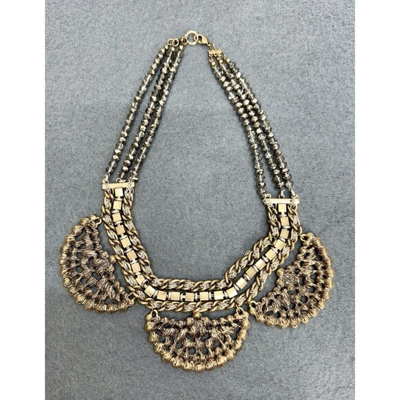 Vintage Statement Rhinestone Collar Necklace Citrine Green Costume 3 Strand Bead - Picture 5 of 9